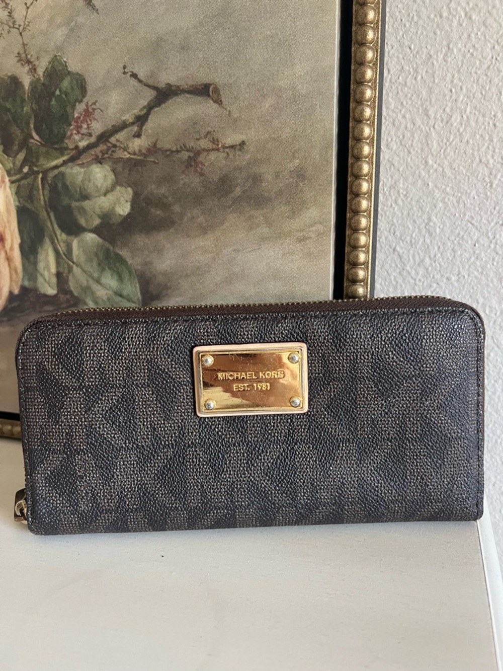 Michael Kors Dark Brown Monogram Zip Wallet with Gold Plaque
